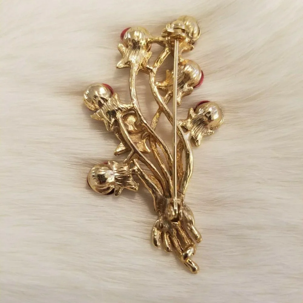 Vintage English Roses Brooch‎ Rhinestone Glitter Enamel Long Stem Floral 2509